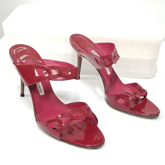 Manolo Blahnik patent Leather Red Stiletto Heels slippers Slides mules sandals - Picture 6 of 15